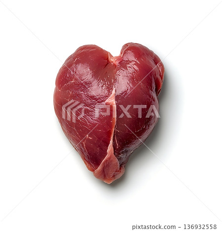 Heart-Shaped Fresh Raw Meat on White Background Ideal for Culinary, Nutrition, and Cooking Themes Heart-Shaped Fresh Raw Meat on White Background Ideal for Culinary, Nutrition, and Cooking Themes 136932558