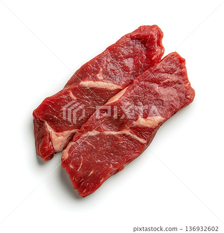 Fresh Raw Beef Steaks with Marbling on Bright White Background for Culinary Use Fresh Raw Beef Steaks with Marbling on Bright White Background for Culinary Use 136932602