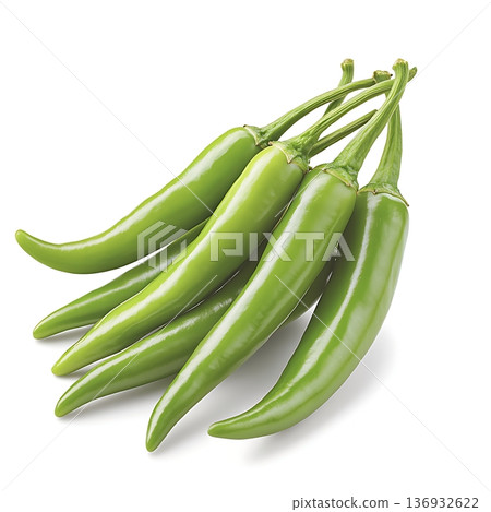 Fresh Green Chili Peppers on White Background for Culinary and Food Photography Use Fresh Green Chili Peppers on White Background for Culinary and Food Photography Use 136932622