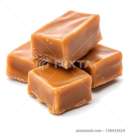 Delicious Caramel Cubes Stacked Neatly on White Background for Sweet Treat Inspiration Delicious Caramel Cubes Stacked Neatly on White Background for Sweet Treat Inspiration 136932629