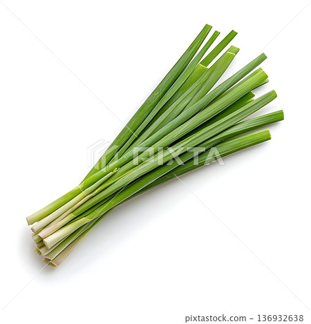 Fresh green onions arranged neatly on a white background for culinary use and presentation Fresh green onions arranged neatly on a white background for culinary use and presentation 136932638