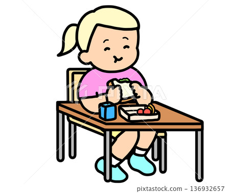 Lunchtime: Blonde girl eating a sandwich at her desk Lunchtime: Blonde girl eating a sandwich at her desk 136932657