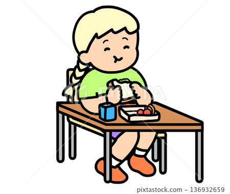 Lunchtime: Blonde girl eating a sandwich at her desk Lunchtime: Blonde girl eating a sandwich at her desk 136932659