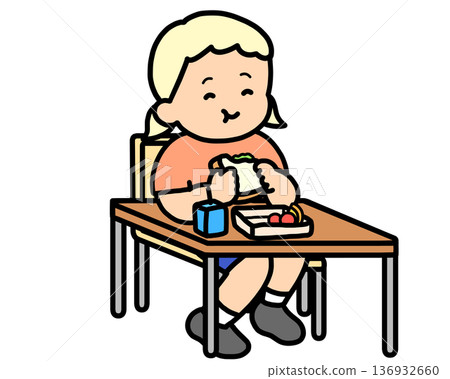 Lunchtime: Blonde girl eating a sandwich at her desk Lunchtime: Blonde girl eating a sandwich at her desk 136932660