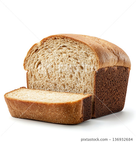 Freshly Baked Whole Grain Bread with Sliced Loaf on White Background for Culinary Use Freshly Baked Whole Grain Bread with Sliced Loaf on White Background for Culinary Use 136932684