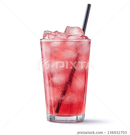 Refreshing Summer Beverage with Ice and Straw in a Clear Glass on White Background Refreshing Summer Beverage with Ice and Straw in a Clear Glass on White Background 136932703
