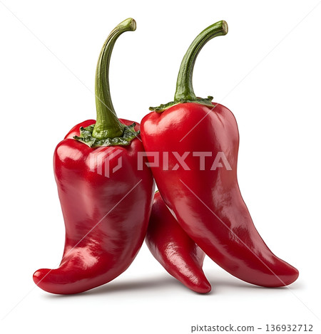 Fresh Red Peppers with Green Stems on White Background for Culinary and Food Imagery Fresh Red Peppers with Green Stems on White Background for Culinary and Food Imagery 136932712