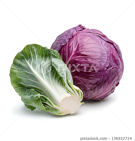 Fresh Whole Red Cabbage and Cut Half Cabbage with Green Leaves Isolated on White Background Fresh Whole Red Cabbage and Cut Half Cabbage with Green Leaves Isolated on White Background 136932724