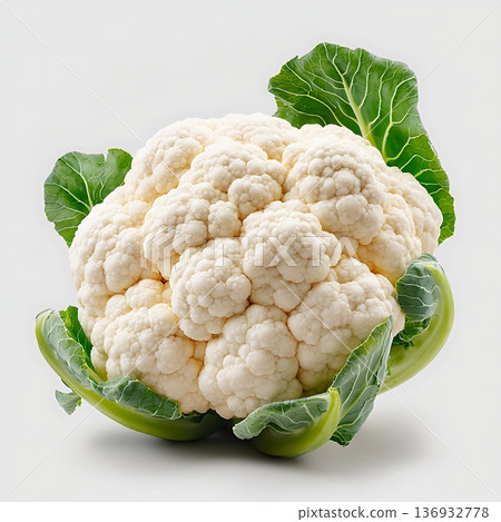 Fresh Organic Cauliflower with Green Leaves on a Light Background, Perfect for Healthy Meals Fresh Organic Cauliflower with Green Leaves on a Light Background, Perfect for Healthy Meals 136932778