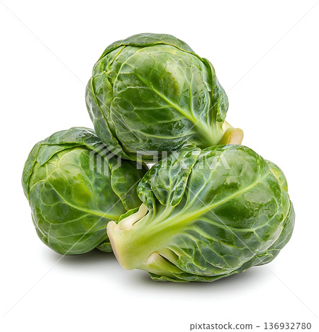Fresh Green Brussels Sprouts Piled Together on White Background for Healthy Cooking 136932780