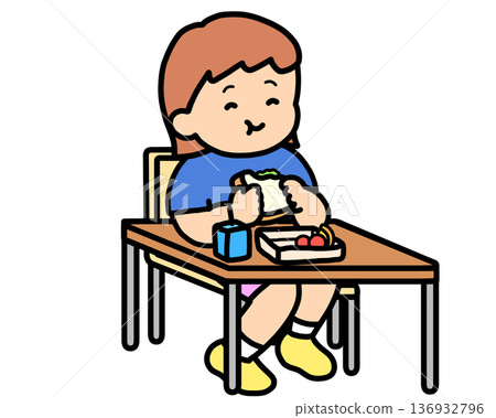Lunchtime: A brown-haired girl eating a sandwich at her desk 136932796