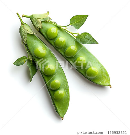 Fresh Green Peas in Pod with Leaves on White Background for Food and Cooking Concepts Fresh Green Peas in Pod with Leaves on White Background for Food and Cooking Concepts 136932831