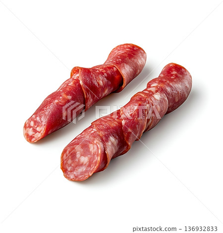 Fresh Slices of Delicious Salami with a Rich Colorful Texture on Clean White Background Fresh Slices of Delicious Salami with a Rich Colorful Texture on Clean White Background 136932833