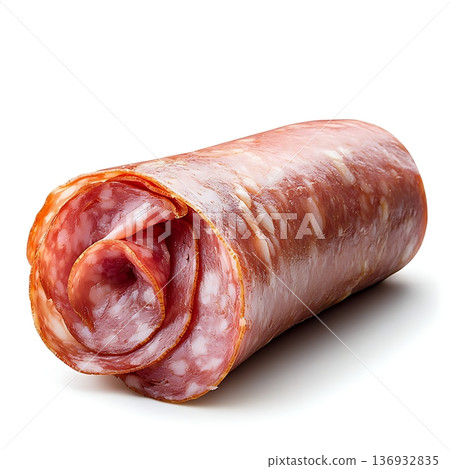 Rolled Slice of Cured Meat with Delicate Layering and Glossy Finish on White Background 136932835