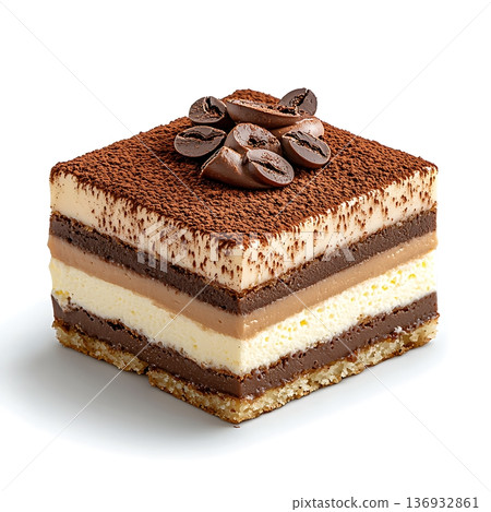 Decadent Layered Coffee Dessert with Chocolate and Cream Toppings on a White Background Decadent Layered Coffee Dessert with Chocolate and Cream Toppings on a White Background 136932861