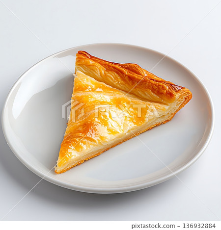 Delicious Golden Pastry Slice on White Plate with Fresh Glossy Finish and Flaky Texture Delicious Golden Pastry Slice on White Plate with Fresh Glossy Finish and Flaky Texture 136932884