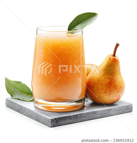 Fresh and Healthy Pear Juice in Glass with Fresh Pear and Leaf on Marble Coaster Fresh and Healthy Pear Juice in Glass with Fresh Pear and Leaf on Marble Coaster 136932912