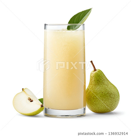 Fresh Pear Juice in Glass with Pear Fruit and Leaf Isolated on White Background Fresh Pear Juice in Glass with Pear Fruit and Leaf Isolated on White Background 136932914