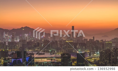 Jan 11 2026 Kowloon skyline and harbor under glowing orange sunset Jan 11 2026 Kowloon skyline and harbor under glowing orange sunset 136932998