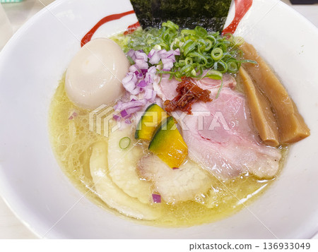 Chicken bone broth salt ramen: A light bowl with a clear soup. 136933049