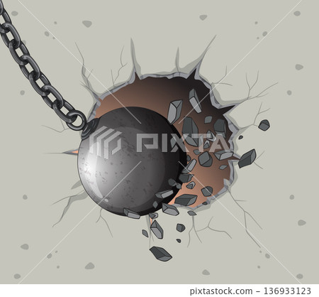 Wrecking Ball Smashing Through Concrete Wall Vector 136933123