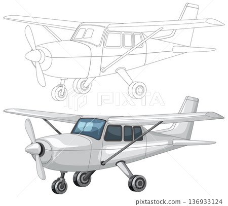 Small Propeller Airplane Vector with Outline and Color Versions Small Propeller Airplane Vector with Outline and Color Versions 136933124