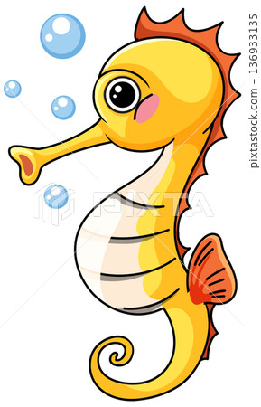 Cute Yellow Seahorse Cartoon Character Swimming with Blue Bubbles Cute Yellow Seahorse Cartoon Character Swimming with Blue Bubbles 136933135