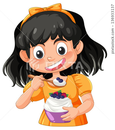 Smiling Girl Eating Yogurt with Fresh Berries 136933137
