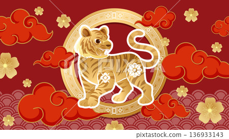 Chinese Zodiac Tiger Illustration with Red Clouds and Golden Frame Chinese Zodiac Tiger Illustration with Red Clouds and Golden Frame 136933143