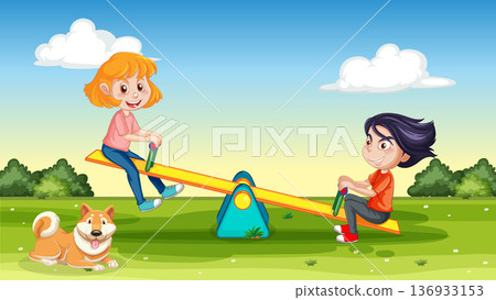 Two Happy Children Playing on a Seesaw in a Sunny Park 136933153