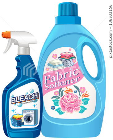 Laundry Bleach Spray and Fabric Softener Bottles Illustration 136933156