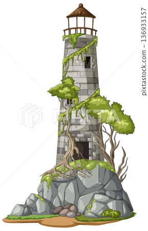 Abandoned Stone Lighthouse Overgrown With Trees and Vines 136933157