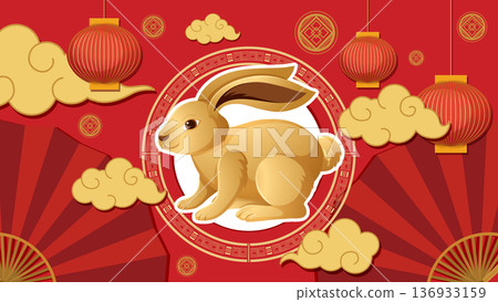 Chinese Zodiac Year of the Rabbit Vector Illustration with Red Background Chinese Zodiac Year of the Rabbit Vector Illustration with Red Background 136933159