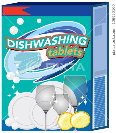 Dishwashing Tablets Packaging with Clean Plates and Glasses Illustration Dishwashing Tablets Packaging with Clean Plates and Glasses Illustration 136933160