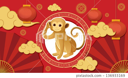 Chinese Zodiac Monkey Illustration with Red Lanterns and Golden Clouds 136933169