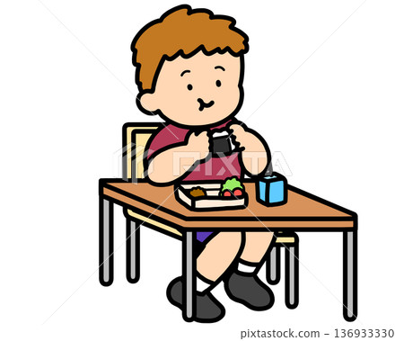 Lunchtime: A brown-haired boy eating rice balls at his desk Lunchtime: A brown-haired boy eating rice balls at his desk 136933330