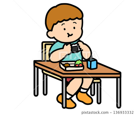 Lunchtime: A brown-haired boy eating rice balls at his desk Lunchtime: A brown-haired boy eating rice balls at his desk 136933332