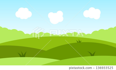 landscape cartoon scene with green field and white cloud on blue sky background landscape cartoon scene with green field and white cloud on blue sky background 136933525