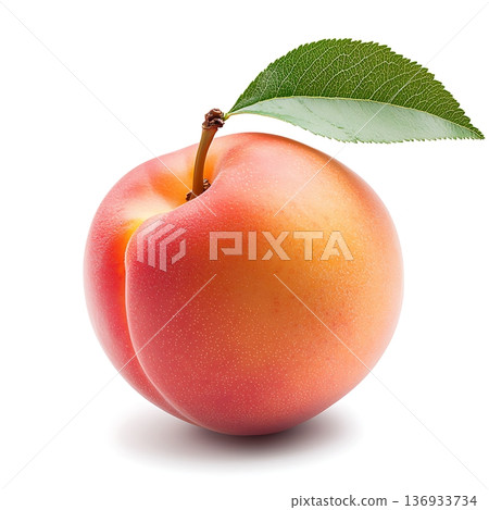Fresh and Juicy Peach with a Smooth Skin and Green Leaf on a White Background 136933734