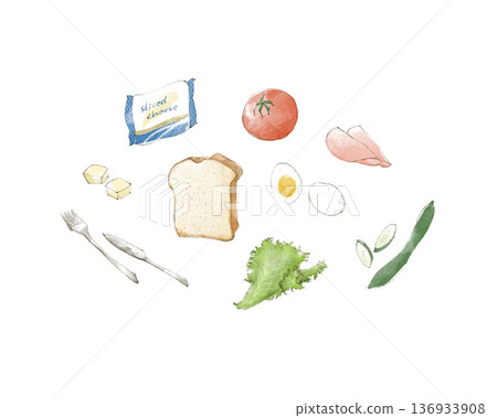 三明治食材的水彩插圖 136933908