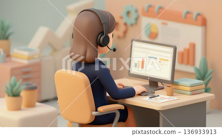 Telework illustration of a female operator wearing a headset and analyzing data Telework illustration of a female operator wearing a headset and analyzing data 136933913