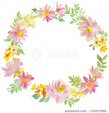 水彩抽象玫瑰與花環畫框 136933986