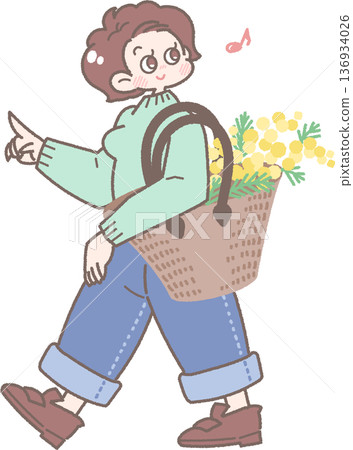 Illustration of a smiling girl holding a basket bag filled with mimosas Illustration of a smiling girl holding a basket bag filled with mimosas 136934026