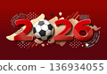 Modern 2026 soccer background with red abstract shapes and geometric patterns. Dynamic 3D numbers and football for canada theme. Perfect for sports event promotion. 136934055