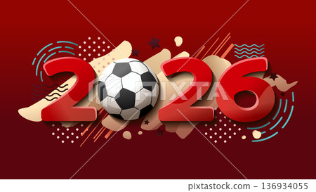 Modern 2026 soccer background with red abstract shapes and geometric patterns. Dynamic 3D numbers and football for canada theme. Perfect for sports event promotion. Modern 2026 soccer background with red abstract shapes and geometric patterns. Dynamic 3D numbers and football for canada theme. Perfect for sports event promotion. 136934055