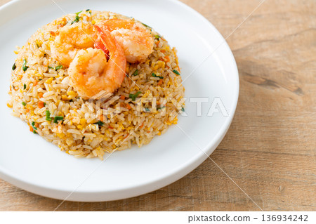 fried shrimps fried rice on plate 136934242
