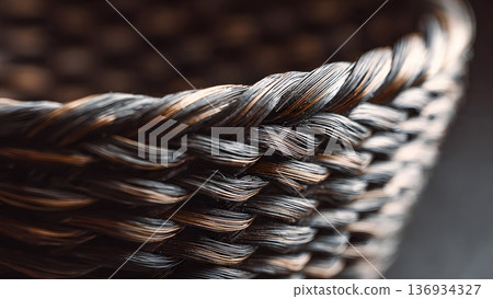 Macro close-up of dark brown and black woven natural fibers, creating an elegant modern background for eco-friendly handcrafted baskets and contemporary sustainable design. AI Generated Macro close-up of dark brown and black woven natural fibers, creating an elegant modern background for eco-friendly handcrafted baskets and contemporary sustainable design. AI Generated 136934327