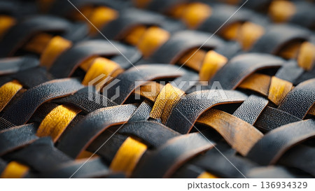 A dynamic woven pattern featuring contrasting black and yellow strips, creating an intricate vibrant texture and modern geometric abstract background for bold contemporary designs. AI Generated 136934329