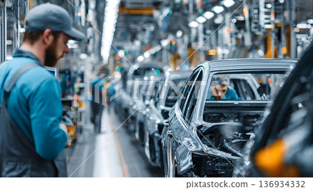 Professional worker inspects unfinished car bodies on a modern assembly line, demonstrating continuous manufacturing processes and industrial precision required for high quality vehicle. AI Generated 136934332