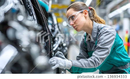 Professional female worker inspects unfinished car bodies on a modern assembly line, demonstrating continuous manufacturing processes and industrial precision required. AI Generated 136934333
